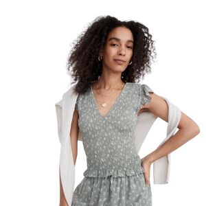 Madewell Sage Green Floral Smocked V-Neck Blouse